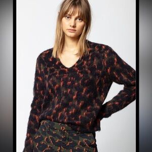 ZADIG & VOLTAIRE AWM River Sweater Mohair Blend Leopard Print V-Neck SZ XS/S NEW